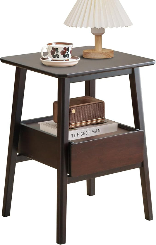 Night Stand with Drawer, Mid Century Modern Nightstand, Bedside Tables with Open Storage Shelf,Large Storage End Table, Bamboo Night Stands for Bedrooms