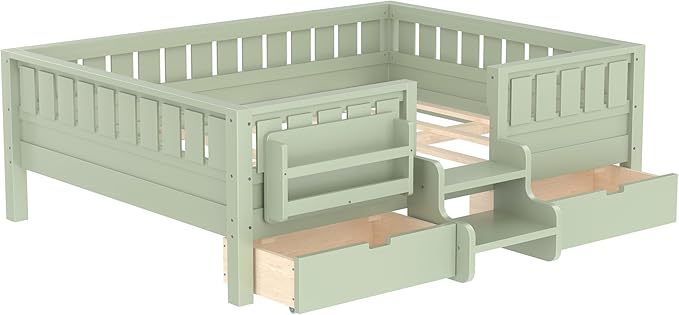 Bellemave Full Size Bed with Slats and Stairs, Full Size Platform Bed Frame with Fence, Bookshelf and Storage Drawers, Easy Assemble Beds for Kids, Girls, Boys, Green