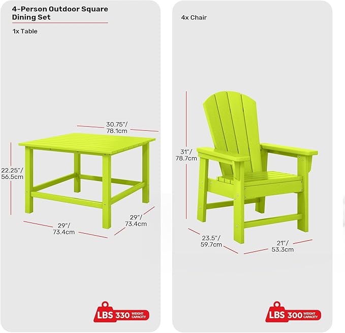 Costaelm Paradise Kids 5-Piece HDPE Outdoor Square Patio Dining Table and Chairs Set, Lime