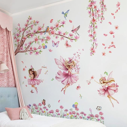Pink Fairy Garden Wall Decals, Cherry Blossom Tree with Butterflies Wall Stickers for Girls Room Nursery Decor, 45x37 inches, 3 Sheets
