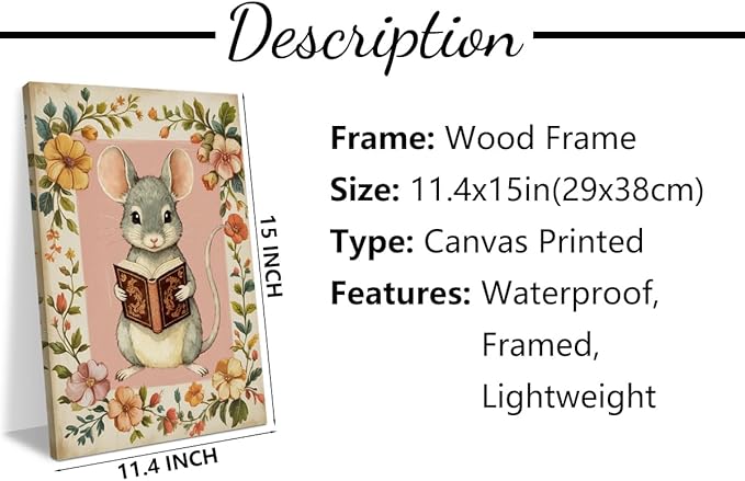 Cute Mouse Reading Book Lovers Gifts Nursery Animal Decor Wall Decor Canvas Wall Art Framed Artwork Bookworm Posters Painting for Home Library Office Study Bedroom Nursery Decorations 11.5X14.5 Inch