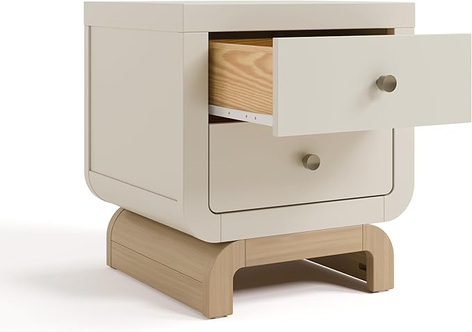 Storkcraft Santorini 2 Drawer Nightstand (Frosted Oat & Driftwood) - GREENGUARD Gold Certified Nightstand for Kids Bedroom, Premium Wood with Curved Base, “Champagne” Metal Knobs