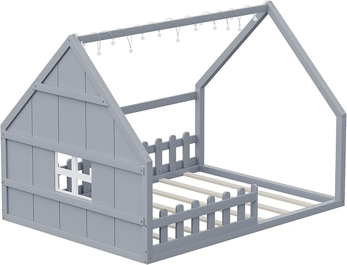 Merax Full-Size Wood House Bed with Window and Fence, Full Bed Frame for Teens, Boys, and Girls, Grey