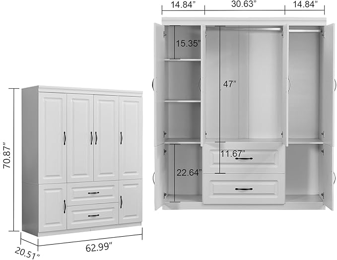 4 Door Armoire Wardrobe Closet, Wood 2 Drawers Armoire Storage Cabinet for Large Capacity, White Bedroom Armoires for Clothes with Hanging Rod and 5 Storage