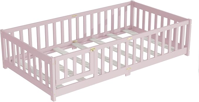 Twin Size Floor Bed for Kids, Wood Montessori Floor Beds with Fence Railings, Door & Slats Support, Twin Playhouse Bed Frame for Boys Girls, No Box Spring Needed, Pink