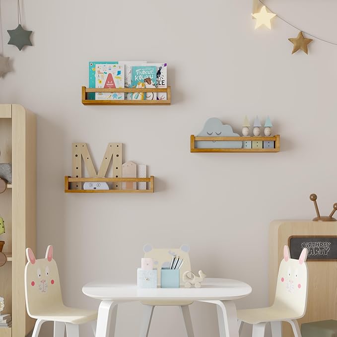Heimlove Nursery Floating Shelves, Nursery Book Shelves for Wall, 16 inch Bookshelf for Kids Solid Wood Mounted Shelves for Books,Toys and Decor Storage, Set of 2