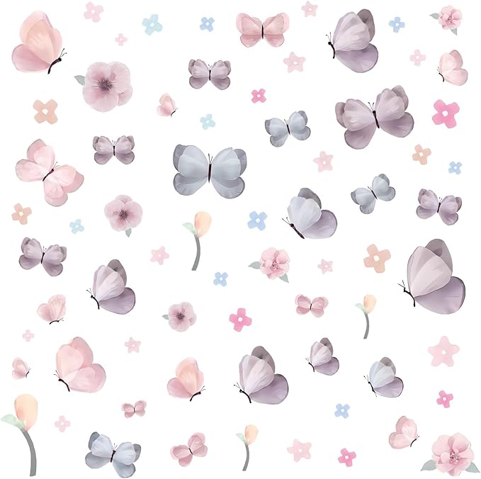 Watercolor Butterfly Wall Decals and Flower Wall Decor - 70 PCS Removable Peel and Stick Wall Stickers for Girls Room, Nursery, Kids Bedroom, Home Art Decals