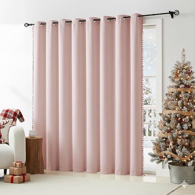 Pink Sliding Door Curtains 100x84inch Length 100% Blackout Extra Wide Pom Pom Room Divider Curtain Panels Thermal Insulated Patio Door Curtains for Kids Nursery Room 1 pc Blush Pink Grommet Top