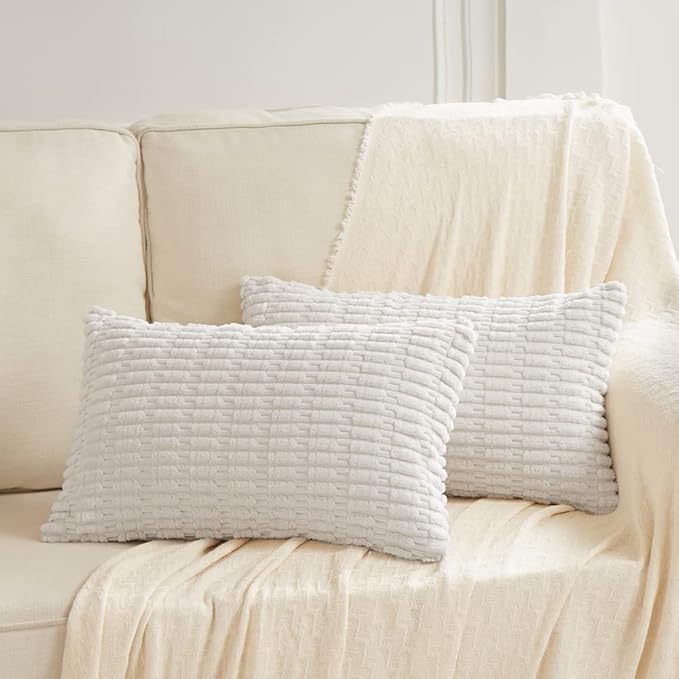 Fancy Homi 2 Packs Pure White Decorative Throw Pillow Covers 14x24 Inch for Living Room Couch Bed Sofa, Rustic Farmhouse Boho Home Decor, Soft Striped Corduroy Square Cushion Case 35x60 cm