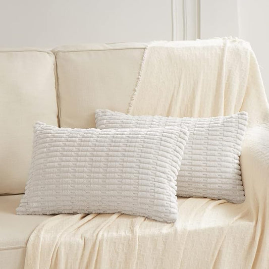 Fancy Homi 2 Packs Pure White Decorative Throw Pillow Covers 14x24 Inch for Living Room Couch Bed Sofa, Rustic Farmhouse Boho Home Decor, Soft Striped Corduroy Square Cushion Case 35x60 cm
