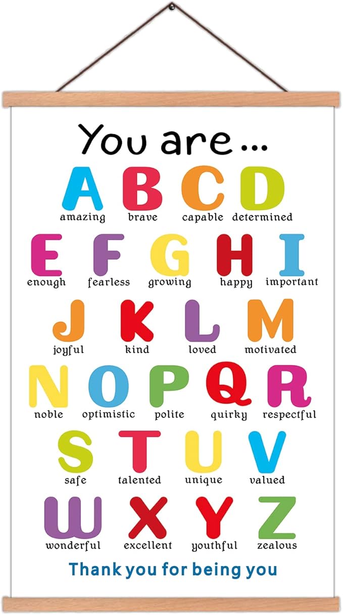 KAIRNE Colorful ABC Alphabet Art Print With Wood Magnetic Hanger Frame(15.7X25INCH)You Are Amazing Positive Educational ABC Chart for Toddler Affirmation Posters Wall Art For Classroom Playroom Decor