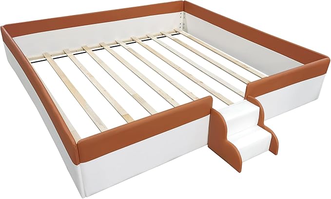Merax Upholstered Kids' Daybed, Daybed Frame with Fence and Stairs, No Box Spring Needed, King Size, Brown+White
