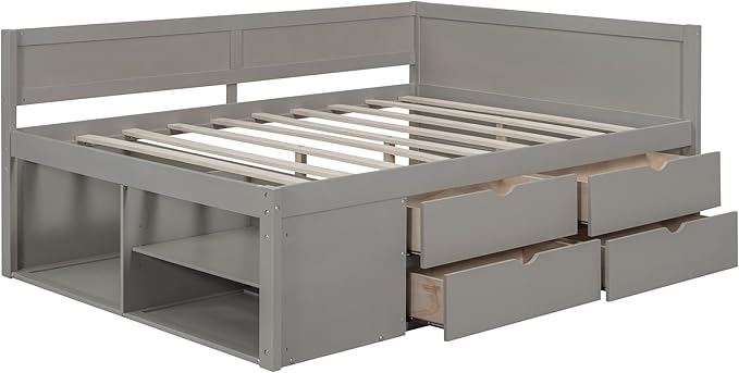 Full Size Daybed with 4 Storage Drawers and Shelves, Wooden Full Platform Bed Frame with L-Shaped Headboard and Slats Support, Corner Bed Full Captain Beds for Kids Boys Girls Teens, Gray