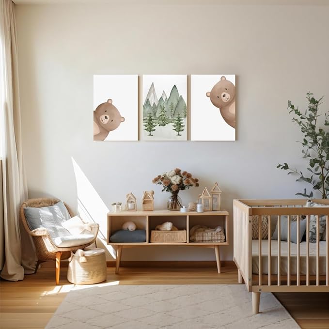 Peeking Bear Nursery Wall Decor, Woodland Nursery Nature Print, Neutral Baby Animals Wall Art for Kid Bedroom, Forest Mountain Wall Art for Baby Boy Girl Bedroom, Framed Canvas, 12"x16"x3