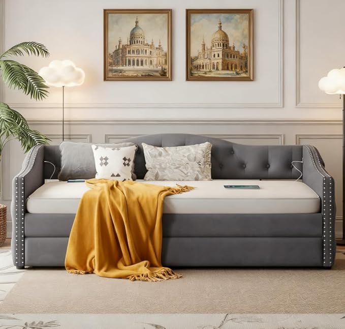 Bellemave Twin Upholstered daybed with Trundle and USB Charging, Velvet Tufted Sofa Bed Twin Size, daybed with Trundle for Adults, Kids, Girls, Teens, for Living Room, Grey
