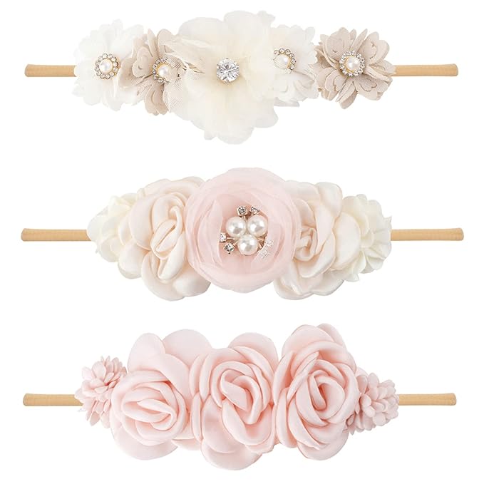 Baby Girl Floral Headband Nylon Flower Crown Elastic Hairband 3pcs Hair Accessories Gift for Girls, YM7, stretchy size
