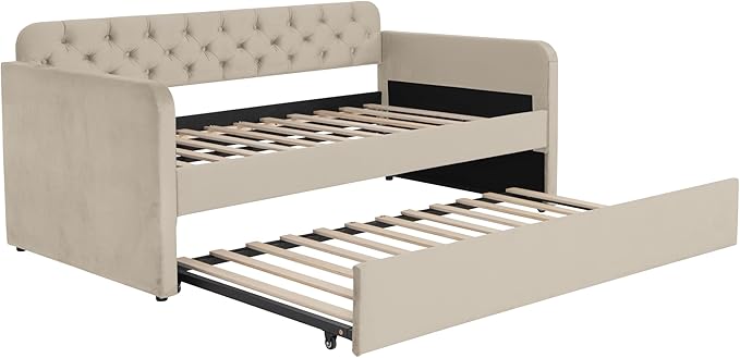 Bellemave Twin Upholstered daybed with Trundle and USB Charging, Velvet Tufted Sofa Bed Twin Size, daybed with Trundle for Adults, Kids, Girls, Teens, for Living Room, Light Beige