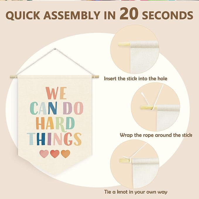 Boho Colorful Classroom Decor, We Can Do Hard Things Linen Canvas Banner for Wall Door Decor, Growth Mindset Positive Affirmations Wall Hanging Pennant Flag for Classroom Playroom, 15x11in