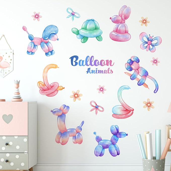 Yovkky Balloon Animals Wall Decals Stickers, Gradient Pastel Dog Rabbit Snake Turtle Toddler Baby Nursery Decor, Cute Butterfly Flowers Home Decorations Kids Bedroom Playroom Party Art