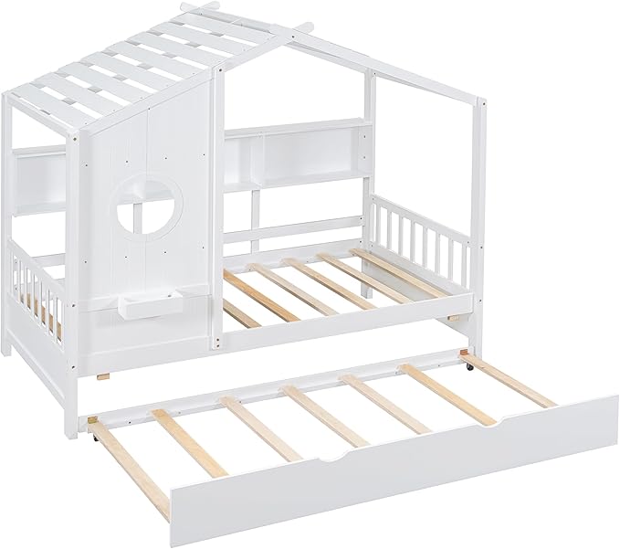 Twin Size House Bed with Trundle for Kids,Twin Kids Bed Frame with Storage Shelves,Wood House Bed Frame for Girls,Boys,Can be Decorated,White