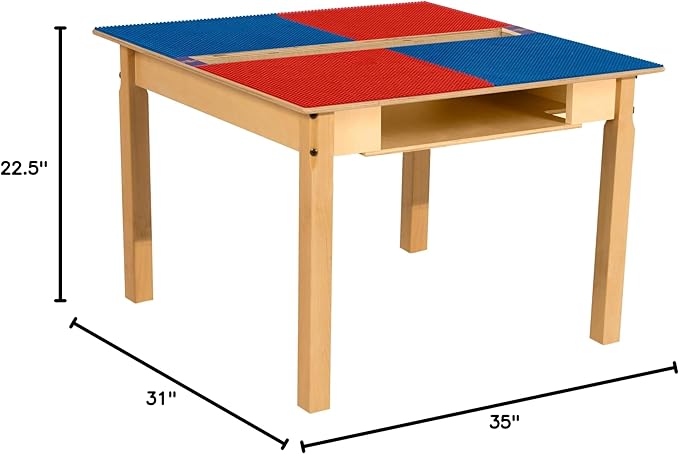 Contender Time-2-Play Montessori Hardwood 35" Red & Blue Lego Compatible Blocks Table for Kids Play Activities, Solid Wood Table for Playroom/Daycare/Preschool, with 22" Legs [ Built to Last]