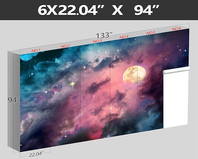 XMPMBM-Starry Sky Clouds The Moon backsplash Large Decorative Geometrical Wallpaper Bedroom Bathroom Wall Mural- W 132" X H 92"（93 Square Foot）
