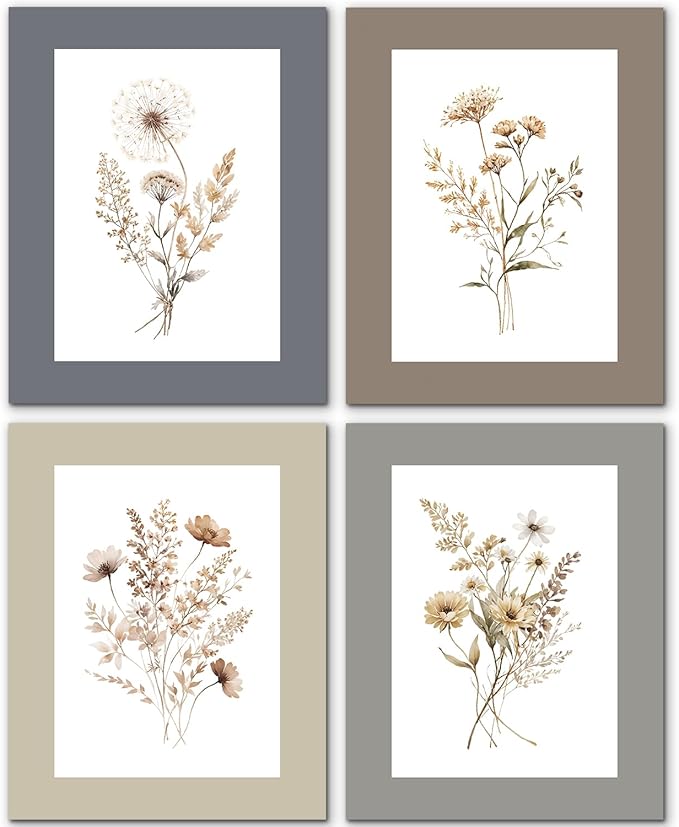 JINYO Vintage Boho Neutral Wildflower Wall Art Prints Set of 4, Floral Wall Decor, Cottagecore Botanical Floral Wall Decor Posters Pictures for Home Bedroom Living Room, 8x10 Unframed