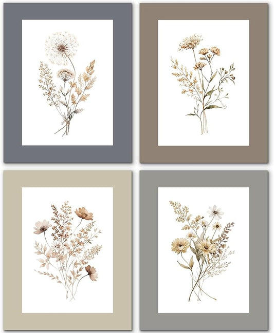 JINYO Vintage Boho Neutral Wildflower Wall Art Prints Set of 4, Floral Wall Decor, Cottagecore Botanical Floral Wall Decor Posters Pictures for Home Bedroom Living Room, 8x10 Unframed