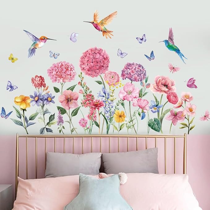 Pink Flowers Wall Sticker Peel and Stick Plant Floral Wall Decal DIY Removable Butterfly Bird Wall Art Murals Watercolor Daisy Flower Wall Sticker for Bedroom Princess