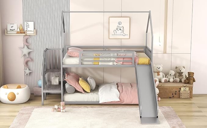 MERITLINE Metal Bunk Bed Twin Over Twin Bunk Bed Frame with Slide and Stairway,Twin Over House Bed with Guardrails