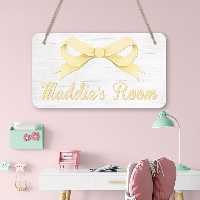 Personalized Yellow Bow Kids Room Door Sign Custom Name Girls Boys Bedroom Decor Toddler Baby Nursery Wood Art Wall Plaque 12x6 Inches
