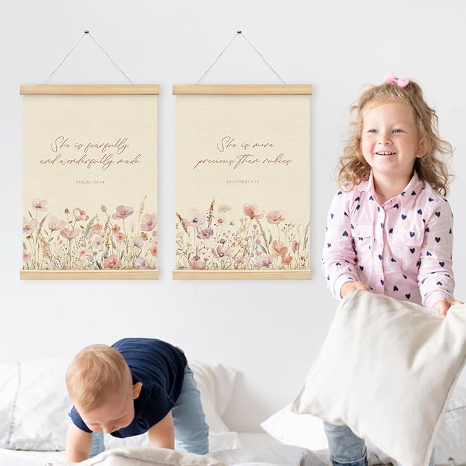 PLKMN Girls Room Decor, Pink Wildflower Baby Girl Nursery Decor Set of 2, Christian Gifts for Girls, Pink Floral Bible Christian Wall Art Framed, 12x16 Inch