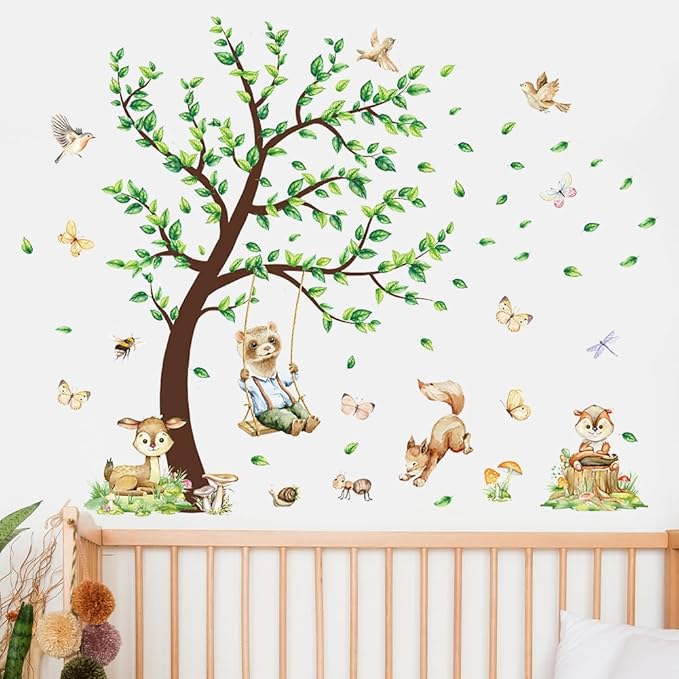 Jungle Animals Wall Decals Woodland Nursery Animals Large Tree Wall Stickers Watercolor Ferret Deer Fox Squirrel Home Decal Stickers for Baby Nursery Kids Bedroom Toddler Room Wall Decor