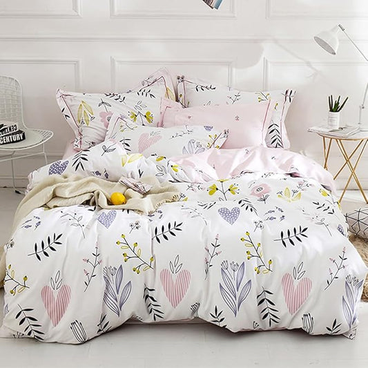 HighBuy Girls Duvet Cover Full Size Bedding Sets Floral Aesthetic Coquette Bedding Set White Pink Premium Cotton Teens Flower Bedding Sets Kids Comforter Cover Soft Branches Full Pink