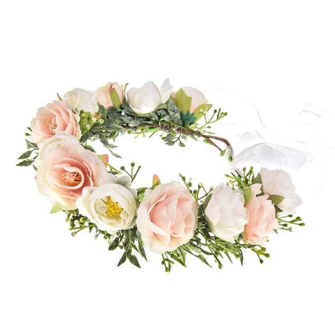 DreamLily Camellias Flower Crown Birthday Photo Pops Hair Wreath Wedding Festival Floral Headpiece XM11 (B-Champagne Ivory)