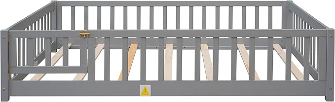 Full Size Montessori Floor Bed Frame with Convertible Door & Wood Slats for Kids,Wood Montessori Bed with Safety Guardrails for Girls & Boys,Grey