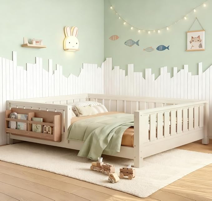 Bellemave Full Size Floor Bed with high Rails and with Built-in Bookshelf for Kids, Girls, Boys, Wood Montessori Floor Bed Without Door, Beige
