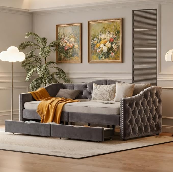 Bellemave Twin Upholstered daybed with 2 Drawers and USB Charging, Velvet Tufted Sofa Bed Twin Size, daybed with Trundle for Adults, Kids, Girls, Teens, for Living Room, Grey