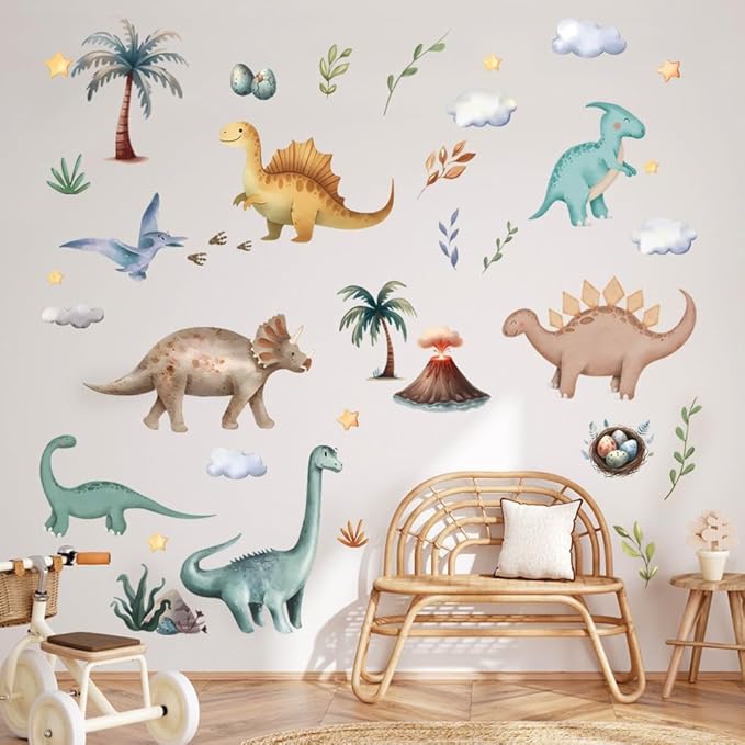 Cute Dinosaur Wall Sticker Peel and Stick Dino Wall Decal Palm Tree Volcano Wall Art Decor Green Plant Wall Sticker for Bedroom Nursery