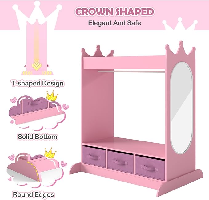 COSVALVE Kids Dress Up Storage with Mirror and Drawers, Kid Armoire Dresser, Pretend Storage Closet for Kids, Costume Wardrobe with Top Shelf for Playroom Bedroom, Lovely Pink