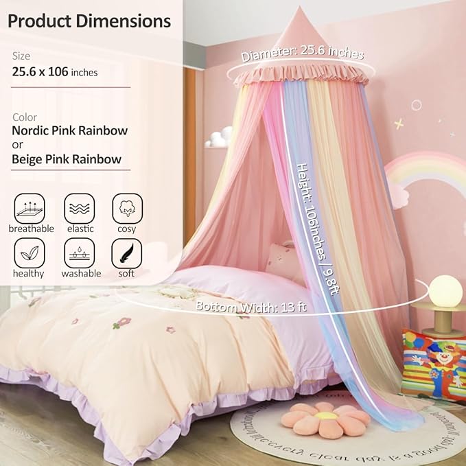 Kertnic Rainbow Bed Canopy for Girls Dreamy Mosquito Net for Bed Round Dome Princess Bed Canopy Girl Room Play Tent Kids Canopy Bed Netting Curtains (Beige Pink Rainbow)