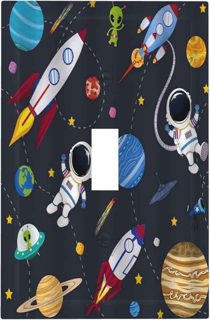 Rocket Planets Astronaut Blue Decorative 1 Gang Single Toggle Light Switch Covers Decorative Wall Plate Switchplate Electrical Faceplate for Nursery Kidsroom Bedroom Decor
