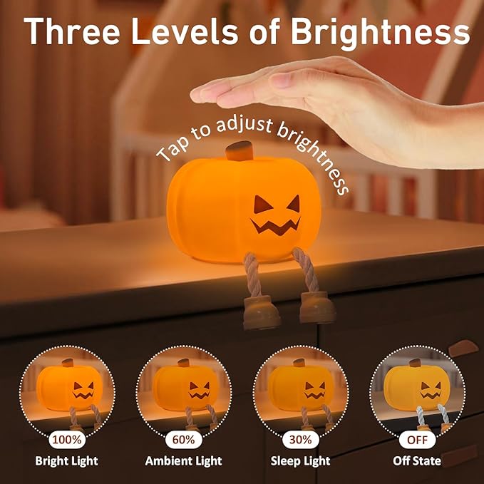 Pumpkin Night Light, Cute LED Night Lamp, Silicone Dimmable Nursery Nightlight for Kids,Silicone Rechargeable Bedside Touch Lamp, Funny Office Desk Halloween Decor for Woman Kids Adults