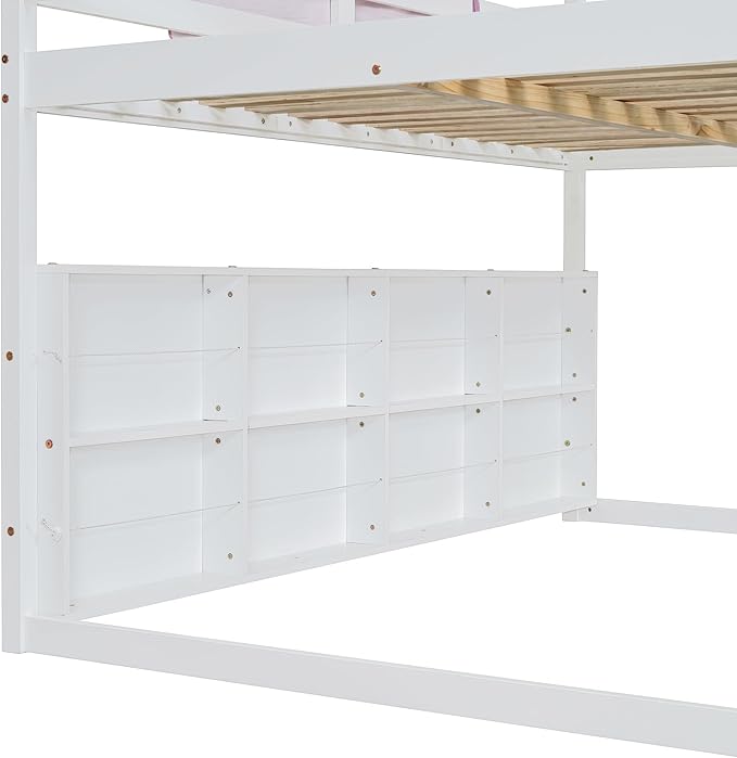 Playhouse Design Full Size Wood Loft Bed with Slide and Tent, Low Loft House Bed Frame with Storage Shelves and Removable Car-Shaped Staircase for Kids Teens Boys Girls Bedroom (White-PT)
