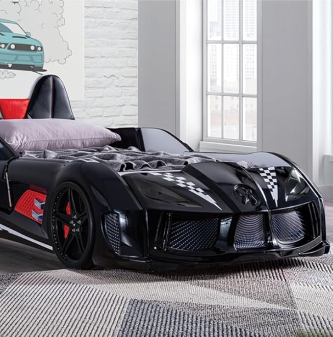 MASARA Race Car Twin Bed with LED Lights, Music Player, Magnetic Doors (Black)