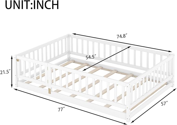 Full Size Floor Bed Frame with Door and Slats,Montessori Floor Bed with Safety Guardrails for Girls Boys,Solid Wood Kids Montessori Bed Full Size,White