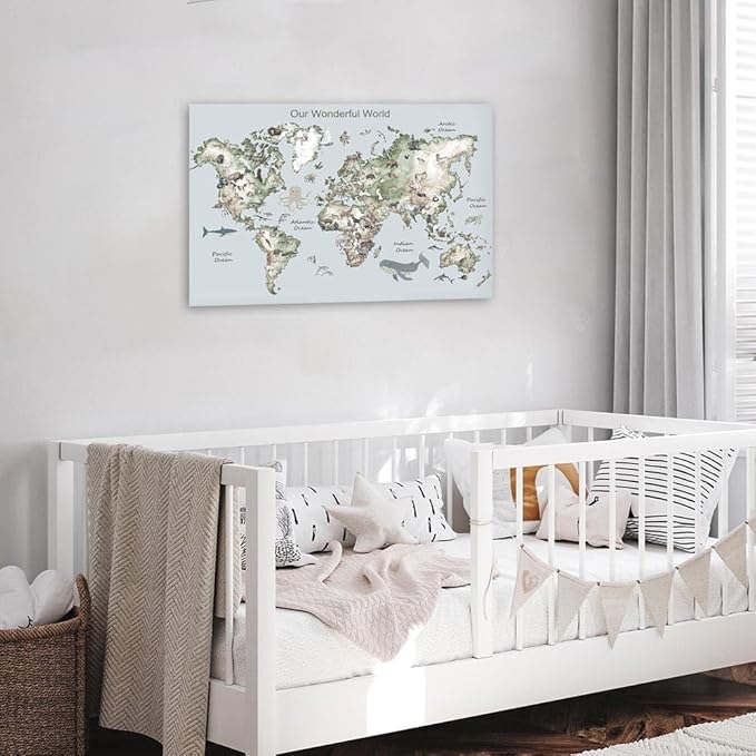 Educational Posters for Toddlers 1-3, Toddler Learning Poster for Kids Ages 3-5, World Map Canvas Print Nursery Preschool Homeschool Kindergarten Classroom Decor 16x24 Inch Unframed B