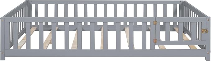 Full Size Floor Platform Bed with Fence and Lockable Door, Wood Montessori Bed Frame with Slat Support for Kids,Girls,Boys, Easy to Assemble,Grey