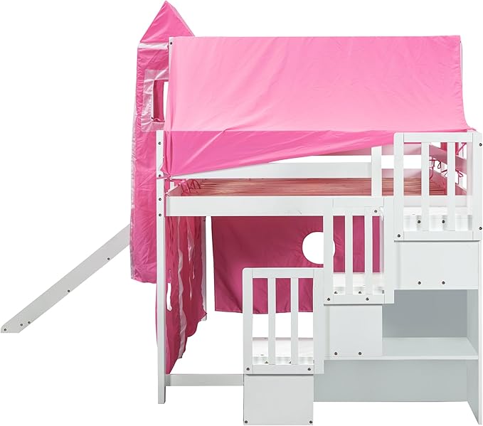 Playhouse Full Size Low Loft Bed with Slide & Tent and Tower, Solid Wood Tent Bed Frame with Storage Staircase for Kids Teens Boys Girls, Versatile Spacious Under Bed Space with Curtains (Pink-TXF)