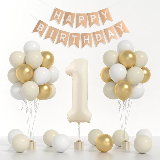 One Birthday Decorations kit, 40inch cream Number 1 balloon and HAPPY BIRTHDAY banner set with 12inch White Sand Metallic Gold Balloons for Kids 1st Birthday Decorations